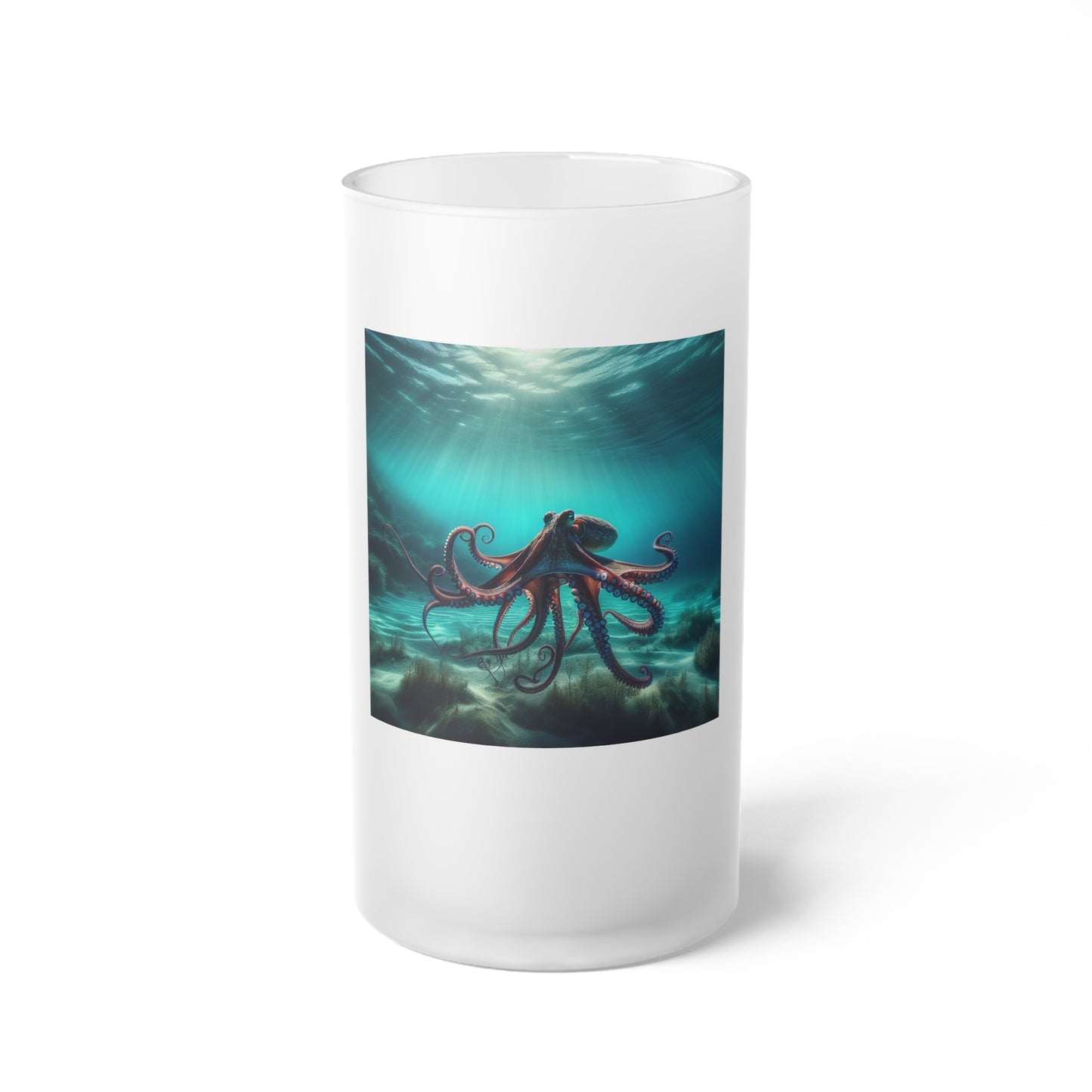 Ocean-Themed Frosted Glass Beer Mug with Octopus Design