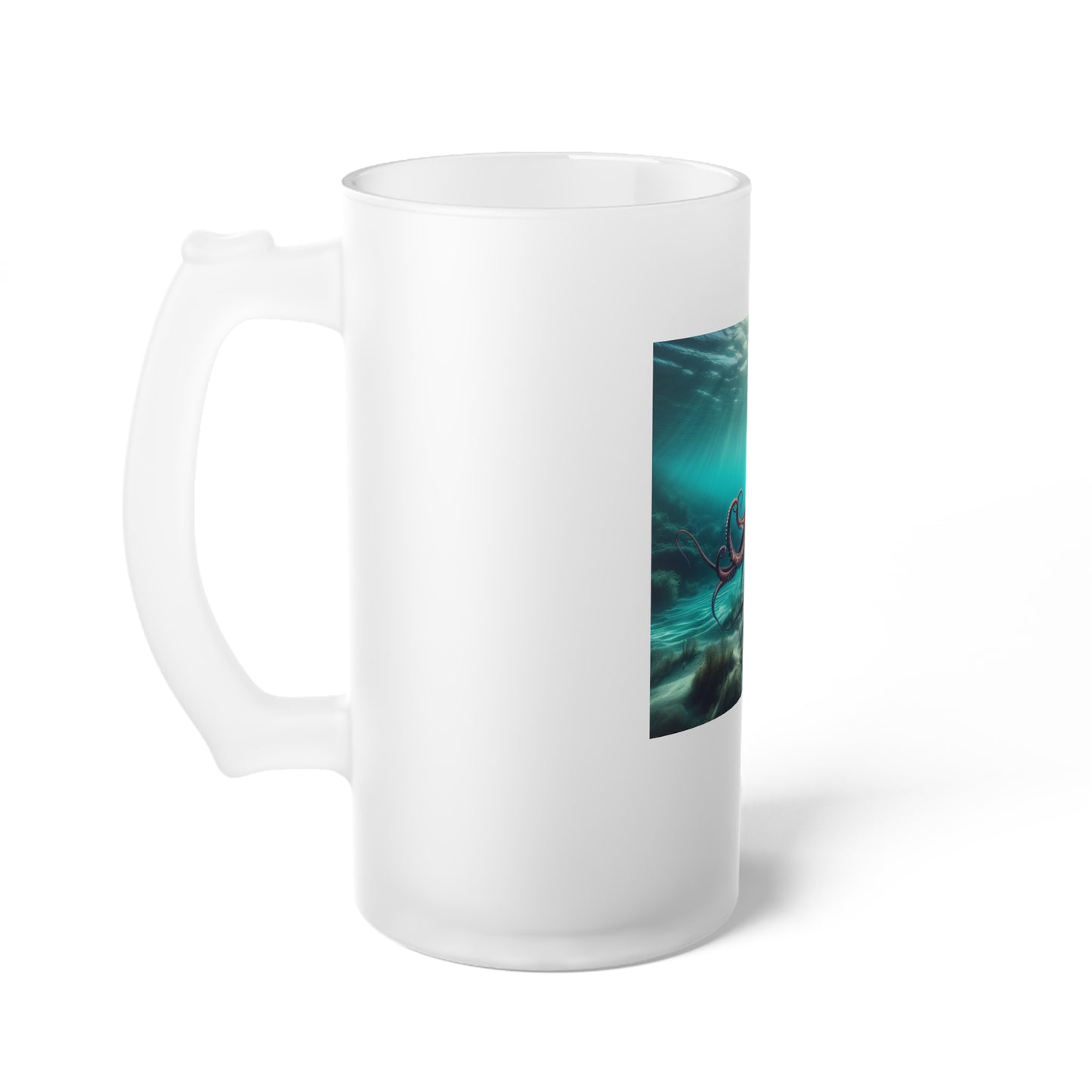 Ocean-Themed Frosted Glass Beer Mug with Octopus Design