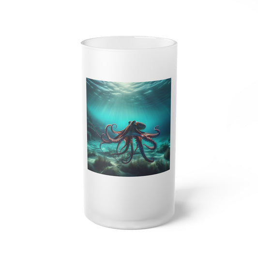 Ocean-Themed Frosted Glass Beer Mug with Octopus Design