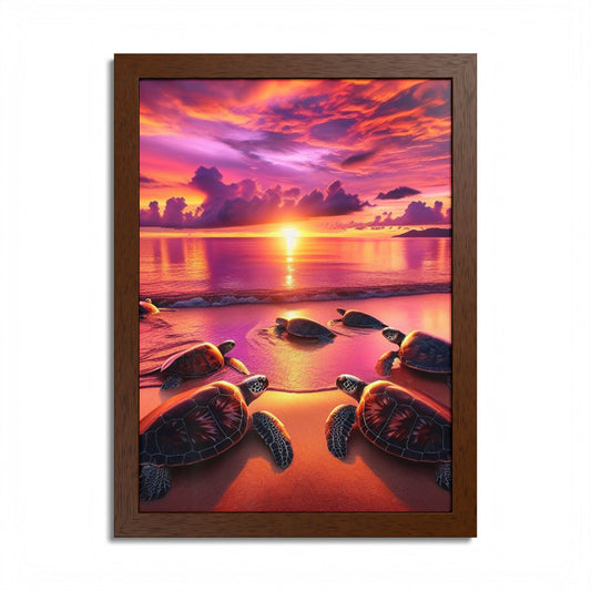 Serene Turtle Sunset Framed Poster - Multi-Color Ocean Artwork for Home Decor